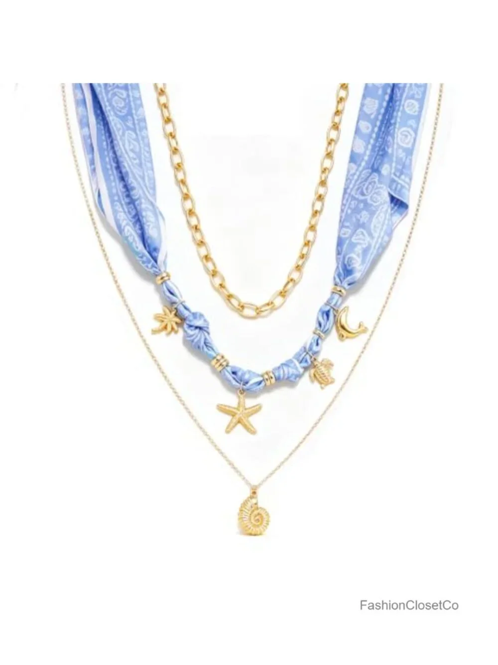 Boho Layered Scarf Necklace with Starfish Charm for Women Summer Beach